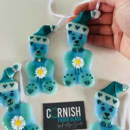 Cute Blue Teddy Bear Fused Glass Decoration, Christmas Fused Glass Ornament, Cornwall, Cornish - thumbnail 2