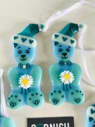 Cute Blue Teddy Bear Fused Glass Decoration, Christmas Fused Glass Ornament, Cornwall, Cornish - thumbnail 1