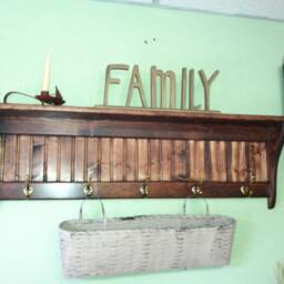 Red Chestnut Wood Coat Rack Shelf Antique Brass Hooks, Entryway Organizer - thumbnail 2