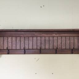 Red Chestnut Wood Coat Rack Shelf Antique Brass Hooks, Entryway Organizer - thumbnail 3