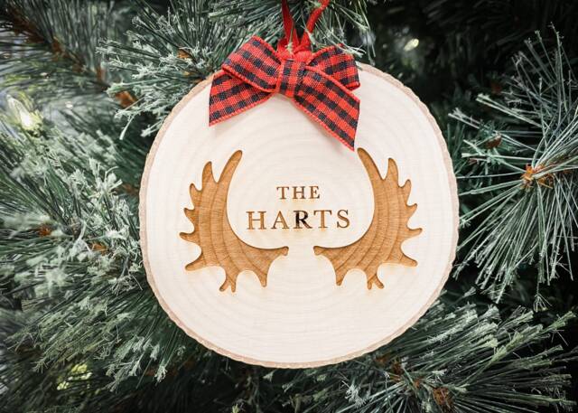 Personalized Family Christmas Ornament, Engraved Wood Slice, Moose Antlers - image 1