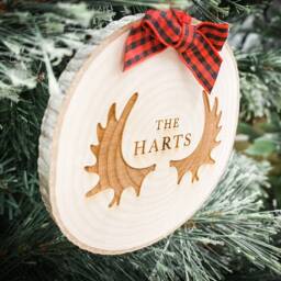 Personalized Family Christmas Ornament, Engraved Wood Slice, Moose Antlers - thumbnail 2