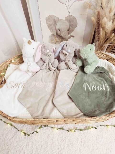 Personalised Embroidered Baby Comforter Blanket With Plush Toy Dinosaur, Unicorn, Or Bunny - image 1