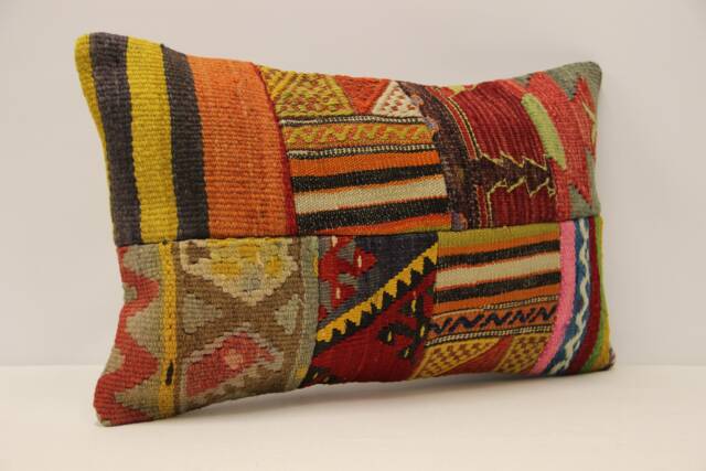Vintage Turkish Kilim Pillow Cover, Wool Patchwork Lumbar Cushion - 12x20 In - image 1