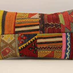 Vintage Turkish Kilim Pillow Cover, Wool Patchwork Lumbar Cushion - 12x20 In - thumbnail 2
