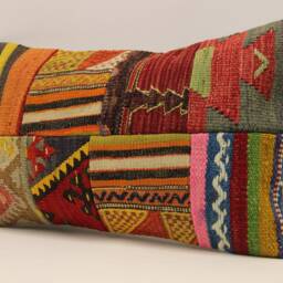 Vintage Turkish Kilim Pillow Cover, Wool Patchwork Lumbar Cushion - 12x20 In - thumbnail 3