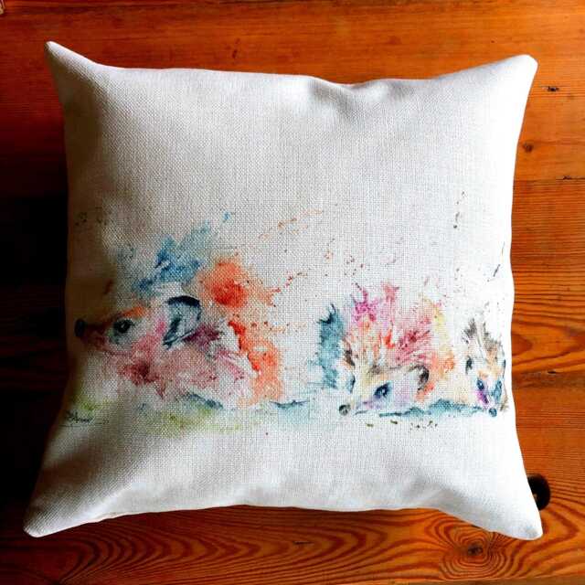 Hedgehog Cushion Cover, Wildlife Art Cushion, Watercolour Textile Print, Linen Look, Pillow 16Inch - image 1