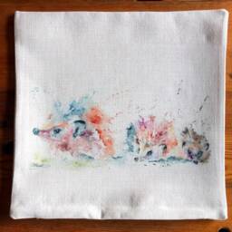 Hedgehog Cushion Cover, Wildlife Art Cushion, Watercolour Textile Print, Linen Look, Pillow 16Inch - thumbnail 3