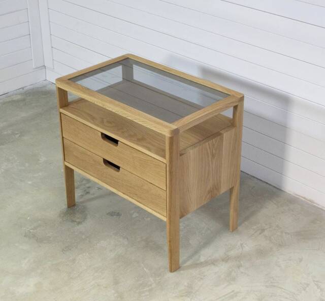 Solid Oak Nightstand Mid-Century Modern Bedside Table With Smoked Glass - image 1