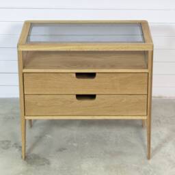 Solid Oak Nightstand Mid-Century Modern Bedside Table With Smoked Glass - thumbnail 3