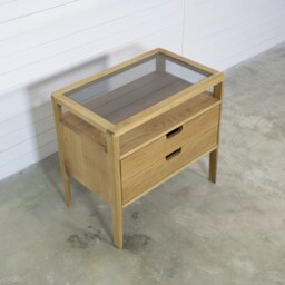 Solid Oak Nightstand Mid-Century Modern Bedside Table With Smoked Glass - thumbnail 4