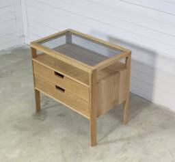 Solid Oak Nightstand Mid-Century Modern Bedside Table With Smoked Glass