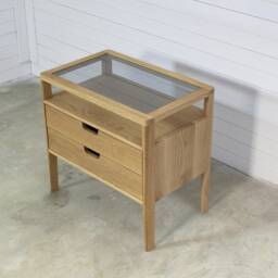 Solid Oak Nightstand Mid-Century Modern Bedside Table With Smoked Glass - thumbnail 2