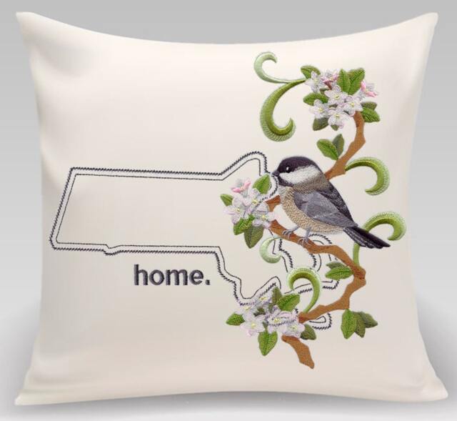Massachusetts Chickadee & Mayflower Medley. Embroidered With Feather Insert - image 1