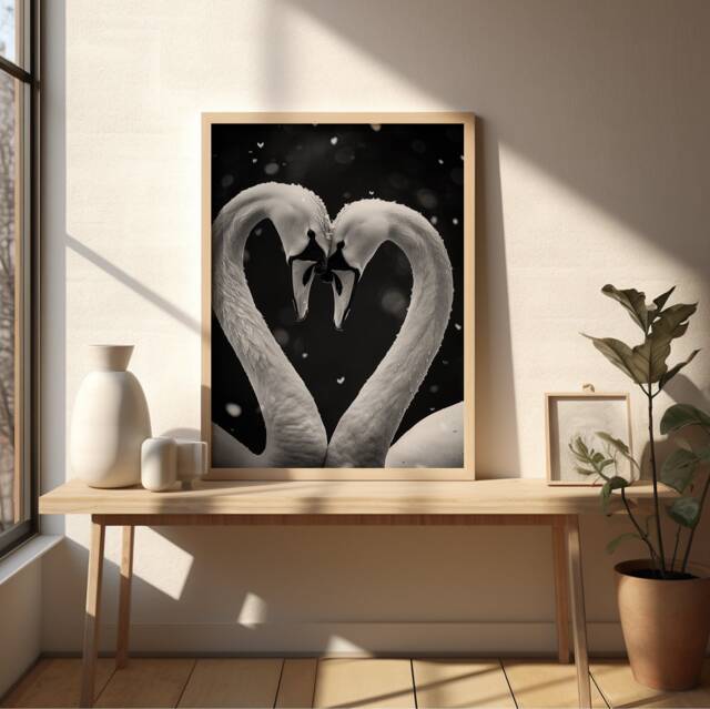 Love Swan Photography Art Print, Artwork, Cute Animals, Living Room Decor, Hearts, Birthday, Gifts For Her/Him, Framed Or Unframed - image 1