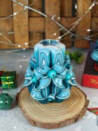 Small Colorful & Unique Hand Carved Candle -Turquoise Color Christmas With Berries - Perfect Gift Decor Gift