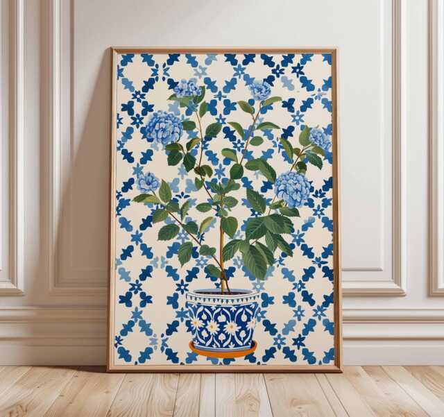 Chinoiserie Floral Wall Art, Blue Hydrangea Print, Grandmillennial Decor Poster, Botanical Vase Illustration, Unframed Elegant Print - image 1