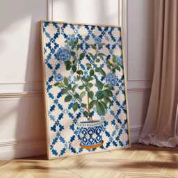 Chinoiserie Floral Wall Art, Blue Hydrangea Print, Grandmillennial Decor Poster, Botanical Vase Illustration, Unframed Elegant Print - thumbnail 3