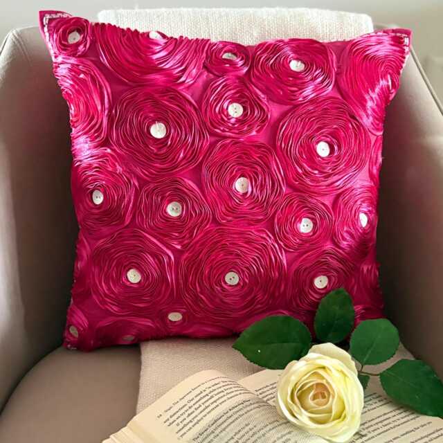 "Art Silk Fuchsia Pink Ribbon Embroidered Rose Decorative Pillow Sham, 24""x24""/26""x26" - image 1