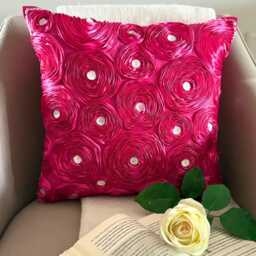 "Art Silk Fuchsia Pink Ribbon Embroidered Rose Decorative Pillow Sham, 24""x24""/26""x26"