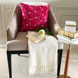 "Art Silk Fuchsia Pink Ribbon Embroidered Rose Decorative Pillow Sham, 24""x24""/26""x26" - thumbnail 2