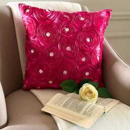 "Art Silk Fuchsia Pink Ribbon Embroidered Rose Decorative Pillow Sham, 24""x24""/26""x26" - thumbnail 3