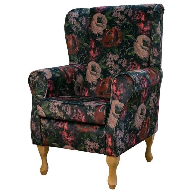 Red Classic Floral Velvet Wingback Armchair Handmade - Fireside Accent Upholstered Chair British Bespoke Made - image 1