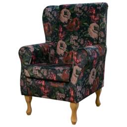 Red Classic Floral Velvet Wingback Armchair Handmade - Fireside Accent Upholstered Chair British Bespoke Made - thumbnail 1