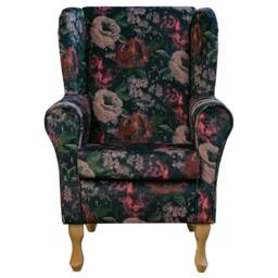 Red Classic Floral Velvet Wingback Armchair Handmade - Fireside Accent Upholstered Chair British Bespoke Made - thumbnail 2