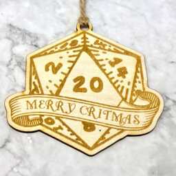 Merry Critmas D20 Dice Christmas Bauble, Critical Hit Wooden Dnd Ornament - thumbnail 2