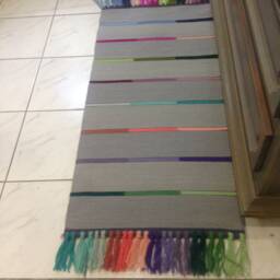 Handwoven Wool Rug Runner, Gray With Colorful Stripes - thumbnail 2
