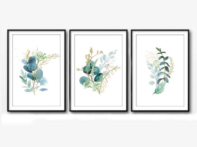 Blue & Gold Eucalyptus Watercolor Print Botanical Wall Art - image 1
