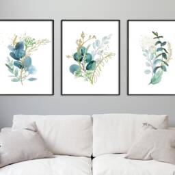 Blue & Gold Eucalyptus Watercolor Print Botanical Wall Art - thumbnail 2