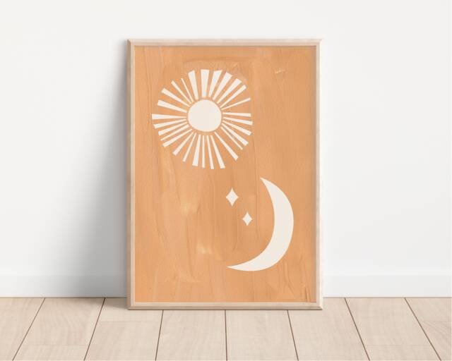 Peach Boho Sun & Moon Print - Textured Print, Bohemian Bedroom Poster, Celestial Boho, Modern Art, Neutral Colours, Pastels, Minimalist - image 1