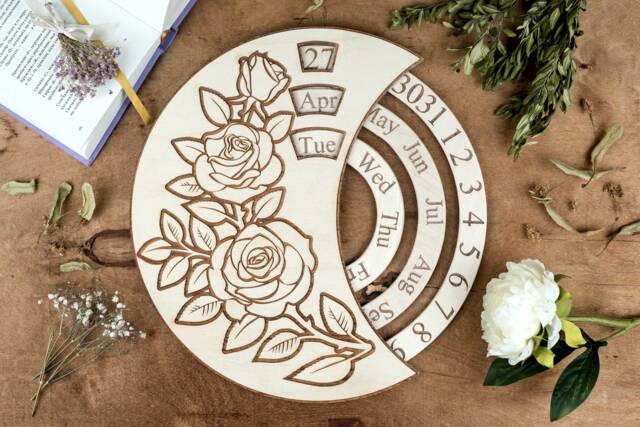 Rose Perpetual Calendar Engraved Wood Wall & Desk Decor - image 1