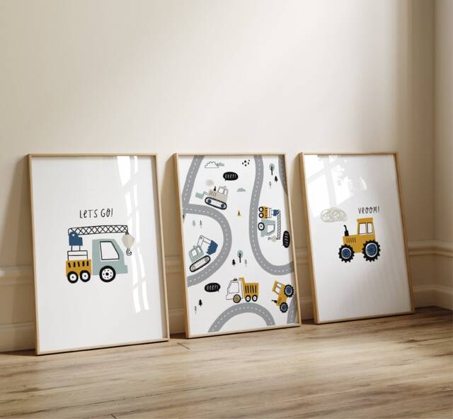 Set Of 3 Boys Nursery Wall Art Prints, Transport Of Construction Decor, Vehicle Construction, Boy - image 1