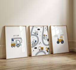 Set Of 3 Boys Nursery Wall Art Prints, Transport Of Construction Decor, Vehicle Construction, Boy - thumbnail 1