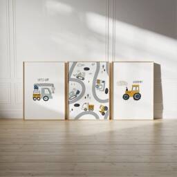 Set Of 3 Boys Nursery Wall Art Prints, Transport Of Construction Decor, Vehicle Construction, Boy - thumbnail 2
