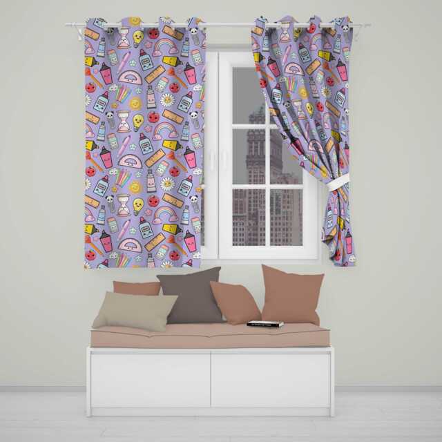 School Supplies Purple Background Rainbow Apple Glue Pen Ruler Seamless Pattern Readymade Eyelet Ring Top Thermal 100% Blackout Curtains - image 1