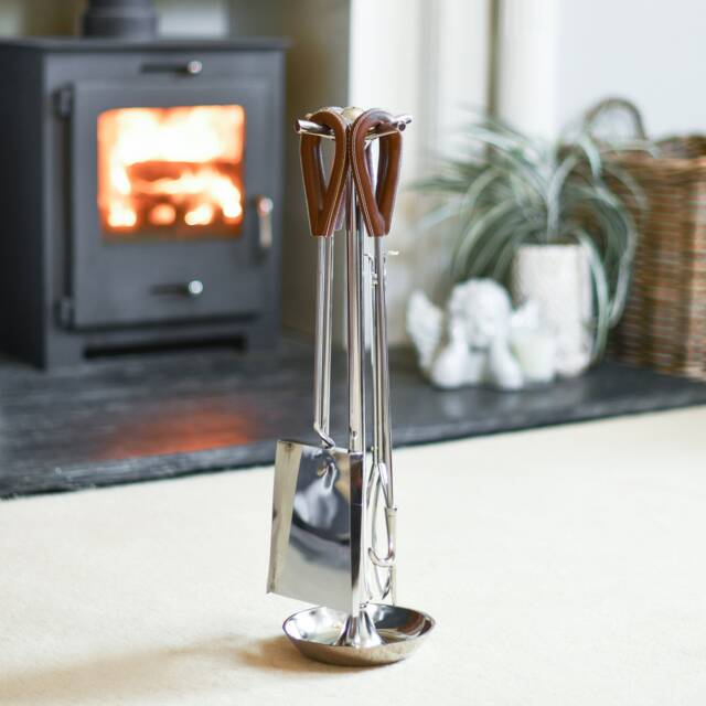 Silver Companion Set With Leather Handles/Fireside, One Left, Contemporary Fireplace, Fireside Tools - image 1