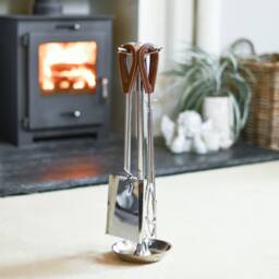 Silver Companion Set With Leather Handles/Fireside, One Left, Contemporary Fireplace, Fireside Tools - thumbnail 1