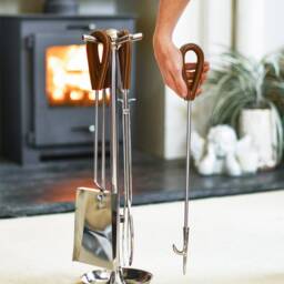 Silver Companion Set With Leather Handles/Fireside, One Left, Contemporary Fireplace, Fireside Tools - thumbnail 2