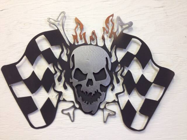 "Metal Skull Checkered Flag Wall Hanging, Winners Circle, Grim 15.5"" X 10.5" - image 1