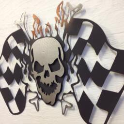 "Metal Skull Checkered Flag Wall Hanging, Winners Circle, Grim 15.5"" X 10.5" - thumbnail 2
