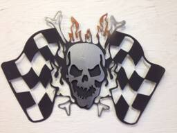 "Metal Skull Checkered Flag Wall Hanging, Winners Circle, Grim 15.5"" X 10.5" - thumbnail 1