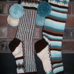 Hand Knit Christmas Stocking Cream Aqua Blue Brown Stripes Snowflake Border By Santa's Works - thumbnail 2