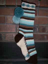 Hand Knit Christmas Stocking Cream Aqua Blue Brown Stripes Snowflake Border By Santa's Works - thumbnail 1