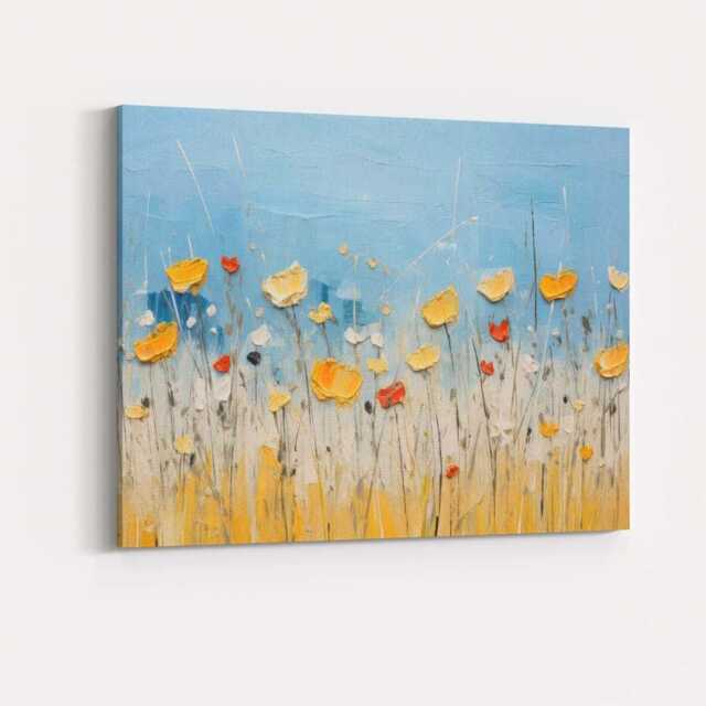 Blue & Gold Wildflower Meadow Textured Abstract Canvas Wall Art Print Decor Picture Ready To Hang - image 1
