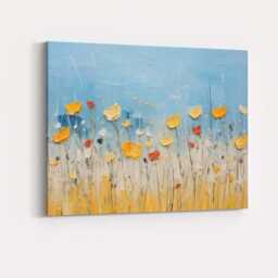 Blue & Gold Wildflower Meadow Textured Abstract Canvas Wall Art Print Decor Picture Ready To Hang - thumbnail 1