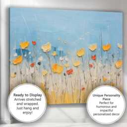 Blue & Gold Wildflower Meadow Textured Abstract Canvas Wall Art Print Decor Picture Ready To Hang - thumbnail 3